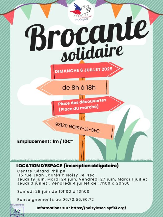 participez à la solidarité brocante du 28 juin ! une journée dédiée à la convivialité, au partage et à la découverte d'objets uniques. rejoignez-nous pour soutenir une bonne cause tout en profitant d'animations et de moments de détente. ne manquez pas cet événement solidaire à ne pas rater !
